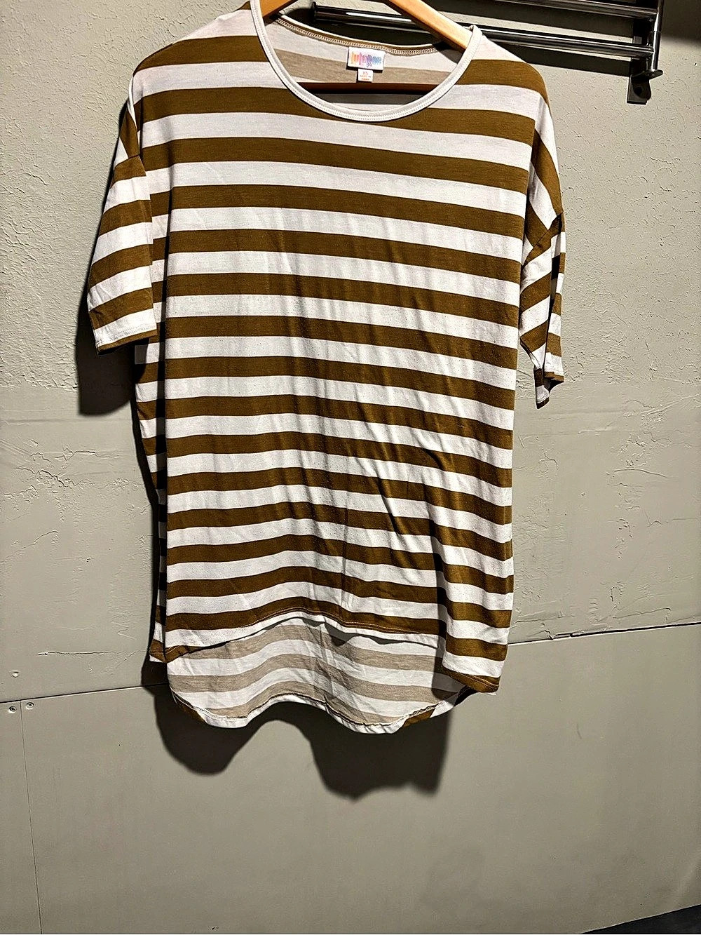 LuLaRoe Irma Tunic Striped Short Sleeve Top Brown & White XS